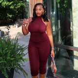 Women's Spring & Summer Halter Neck Lace-Up Low Back Solid Ruched Slim Waist Cropped Jumpsuit