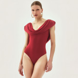 Women's Spring Solid Color Sexy Ruched Sleeveless Plunge Neck Slim Fit Bodysuit