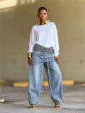 Washed Ribbed Elastic Waist Wide-Leg Denim Pants
