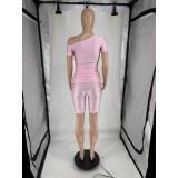 Women's Summer Sexy Slash Shoulder Short Sleeve Solid Color Two-Piece Shorts Set