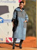 Colorblock Hooded Washed Slit Mid-Length Denim Dress