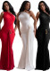 Women's Solid Color Slash Shoulder Ruched Slim Fit Low Back Bodycon Long Dress