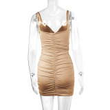 Women's Summer Sexy V-Neck Strap Ruched Bodycon Low Back Dress