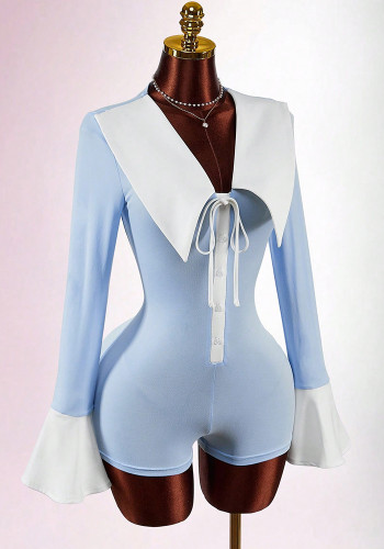 Women's Colorblock Turndown Collar Bow Detail Slim Waist Sweet Jumpsuit