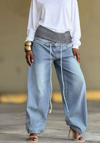Washed Ribbed Elastic Waist Wide-Leg Denim Pants