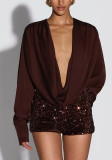 Women's Sexy Deep V-Neck Long Sleeve Sequin Top & Shorts Set