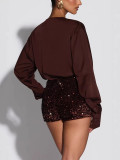 Women's Sexy Deep V-Neck Long Sleeve Sequin Top & Shorts Set