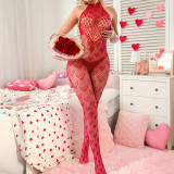 Valentine's Day Sexy Heart Print Beaded Open-Crotch Lingerie Bodystocking