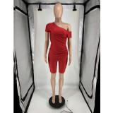 Women's Summer Sexy Slash Shoulder Short Sleeve Solid Color Two-Piece Shorts Set