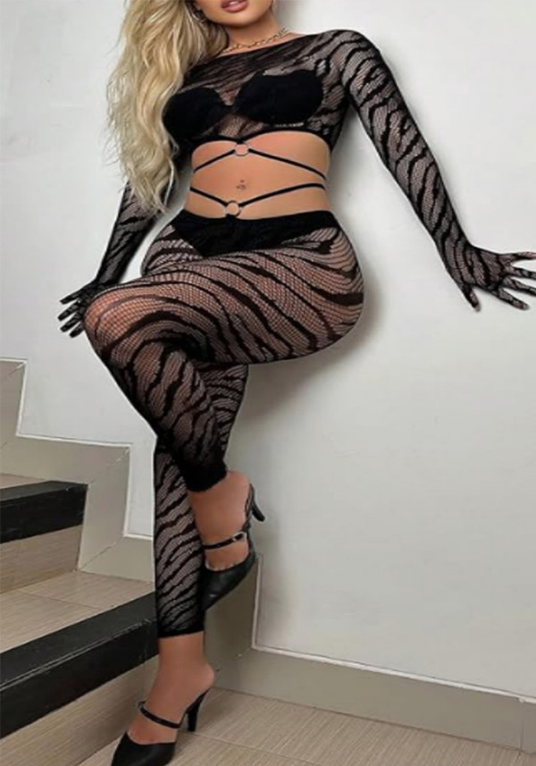Women's Zebra Print Mesh Two-Piece Set Long Sleeve Crop Top & High-Waist Pants with Gloves