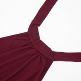 Women's Spring & Summer Halter Neck Lace-Up Low Back Solid Ruched Slim Waist Cropped Jumpsuit