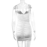 Women's Summer Sexy V-Neck Strap Ruched Bodycon Low Back Dress