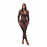 Women's Spring & Autumn Sexy Half-High Neck Zip Crop Long Sleeve Tight-Fitting Pants Set