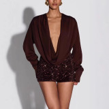 Women's Sexy Deep V-Neck Long Sleeve Sequin Top & Shorts Set