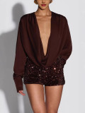 Women's Sexy Deep V-Neck Long Sleeve Sequin Top & Shorts Set