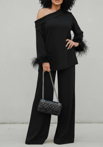 Women's Fashion Elegant Slash Shoulder Long Sleeve Feather Cuff Wide-Leg Pants Set
