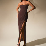 Sexy Chic Mesh Boned Strapless Low Back High Slit Ruched Evening Gown