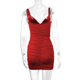 Women's Summer Sexy V-Neck Strap Ruched Bodycon Low Back Dress