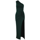 Chic Slash Shoulder Sexy High Slit Ruched Tight-Fitting Evening Gown