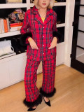Women's Turndown Collar Plaid Cardigan Shirt & Long Pants Pajama Set
