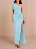 Chic Slash Shoulder Sexy High Slit Ruched Tight-Fitting Evening Gown