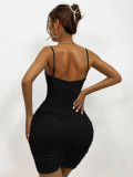 Women's Summer Sexy V-Neck Strap Ruched Bodycon Low Back Dress