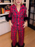 Women's Turndown Collar Plaid Cardigan Shirt & Long Pants Pajama Set