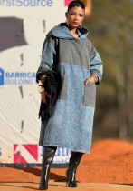 Colorblock Hooded Washed Slit Mid-Length Denim Dress Colorblock Hooded Washed Slit Mid-Length Denim Dress