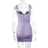 Women's Summer Sexy V-Neck Strap Ruched Bodycon Low Back Dress