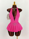 Women's Fashion Solid Color Slim Waist Halter Neck Low Back Deep V Pleated Mini Dress
