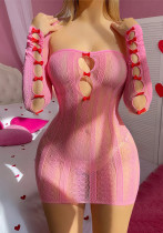 Valentine's Day Lingerie Sexy Hollow Bow Fishnet Bodycon See-Through Night Dress