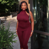 Women's Spring & Summer Halter Neck Lace-Up Low Back Solid Ruched Slim Waist Cropped Jumpsuit