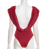 Women's Spring Solid Color Sexy Ruched Sleeveless Plunge Neck Slim Fit Bodysuit