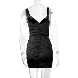 Women's Summer Sexy V-Neck Strap Ruched Bodycon Low Back Dress