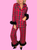Women's Turndown Collar Plaid Cardigan Shirt & Long Pants Pajama Set