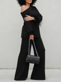Women's Fashion Elegant Slash Shoulder Long Sleeve Feather Cuff Wide-Leg Pants Set