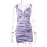 Women's Summer Sexy V-Neck Strap Ruched Bodycon Low Back Dress