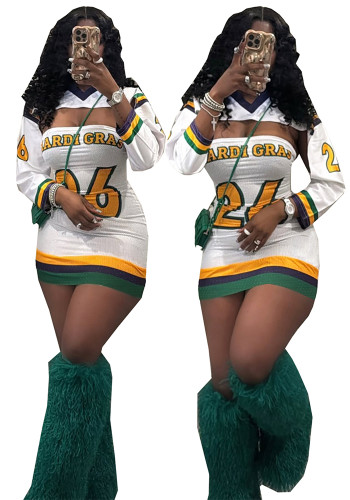 Women's Spring & Summer Sporty Letter Print Strapless Dress & Long Sleeve Top Set