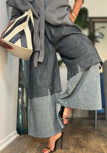 Street Style Elastic Waist Patchwork Colorblock Wide-Leg Denim Pants