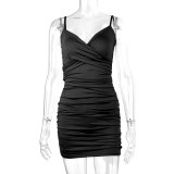 Women's Summer Sexy V-Neck Strap Ruched Bodycon Low Back Dress
