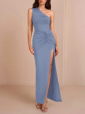 Chic Slash Shoulder Sexy High Slit Ruched Tight-Fitting Evening Gown