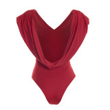 Women's Spring Solid Color Sexy Ruched Sleeveless Plunge Neck Slim Fit Bodysuit