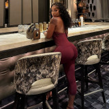 Women's Spring & Summer Halter Neck Lace-Up Low Back Solid Ruched Slim Waist Cropped Jumpsuit