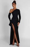 Women's Autumn & Winter Long Sleeve Sexy Slash Shoulder Asymmetrical Slit Long Dress