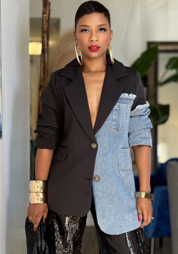 Slim Waist Irregular Patchwork Colorblock Denim Blazer