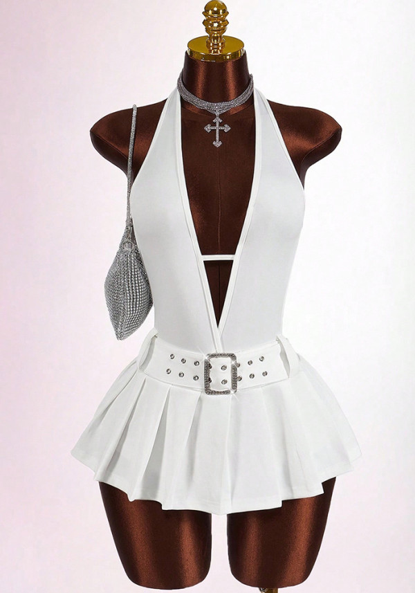 Women's Fashion Solid Color Slim Waist Halter Neck Low Back Deep V Pleated Mini Dress