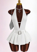 Women's Fashion Solid Color Slim Waist Halter Neck Low Back Deep V Pleated Mini Dress Women's Fashion Solid Color Slim Waist Halter Neck Low Back Deep V Pleated Mini Dress