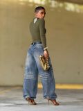 Washed Ruched Loose Denim Pants
