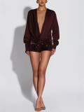 Women's Sexy Deep V-Neck Long Sleeve Sequin Top & Shorts Set