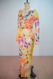 Women's Spring Fashion Slim Waist Bodycon Printed Long Dress